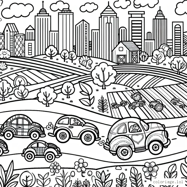Voitures fantastiques en pleine course à travers la campagne et la ville