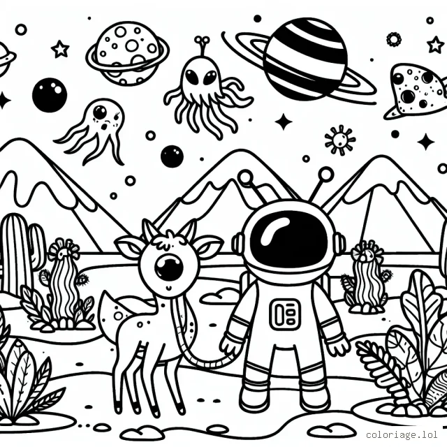 Vous êtes un astronaute explorant une planète lointaine. Vous rencontrez des animaux extraterrestres amusants tout en découvrant des paysages étranges et de nouvelles plantes. Dessinez votre aventure.