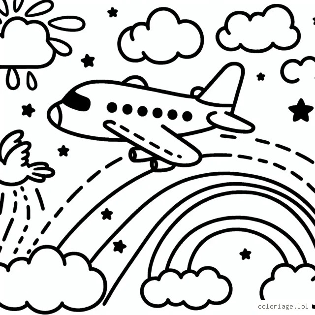 Un avion volant dans le ciel, traversant les nuages et les arc-en-ciel, avec des oiseaux à ses côtés