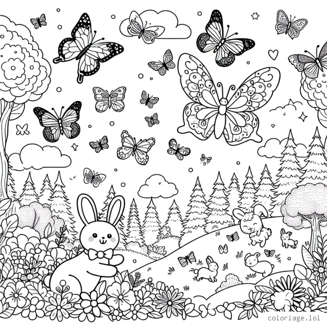 Imagine une scène joyeuse où des papillons aux multiples couleurs virevoltent autour d'animaux dans une forêt enchantée.