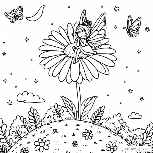 Une petite fée délicatement posée sur une marguerite qui trône elle-même sur une colline verdoyante. De petis papillons joyeux volent autour d'elle et le ciel est à peine étoilé.