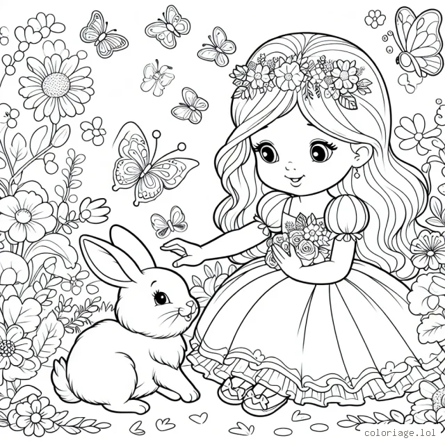 Une jeune princesse charmante dans son magnifique jardin de fleurs rempli de papillons colorés, jouant avec son adorable lapin rose