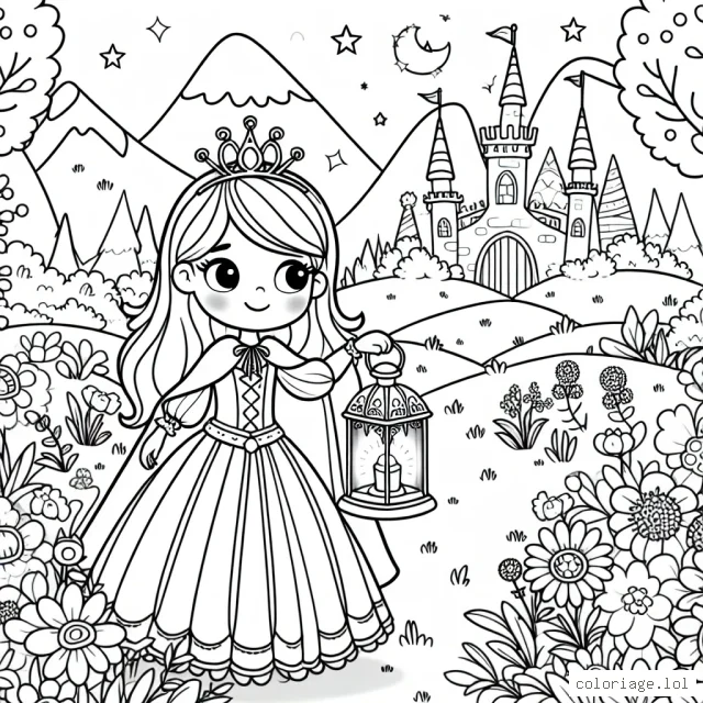 Une princesse charmante tient une lanterne magique tout en se tenant au milieu d'une vallée de fleurs enchantées.