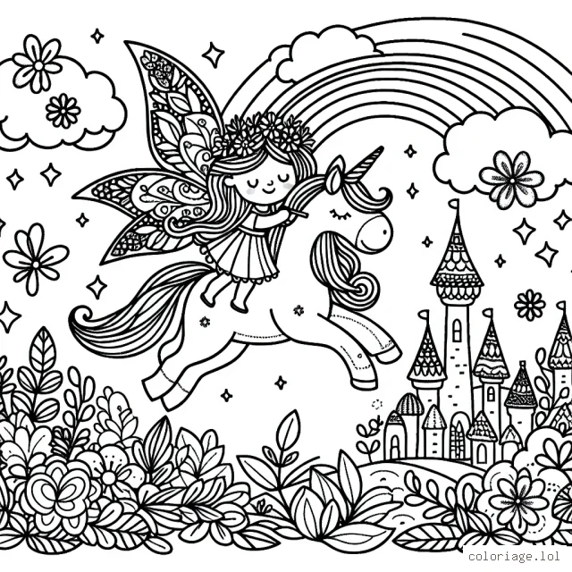 Une fée des fleurs s'envolant sur une licorne arc-en-ciel au-dessus d'un royaume enchanté