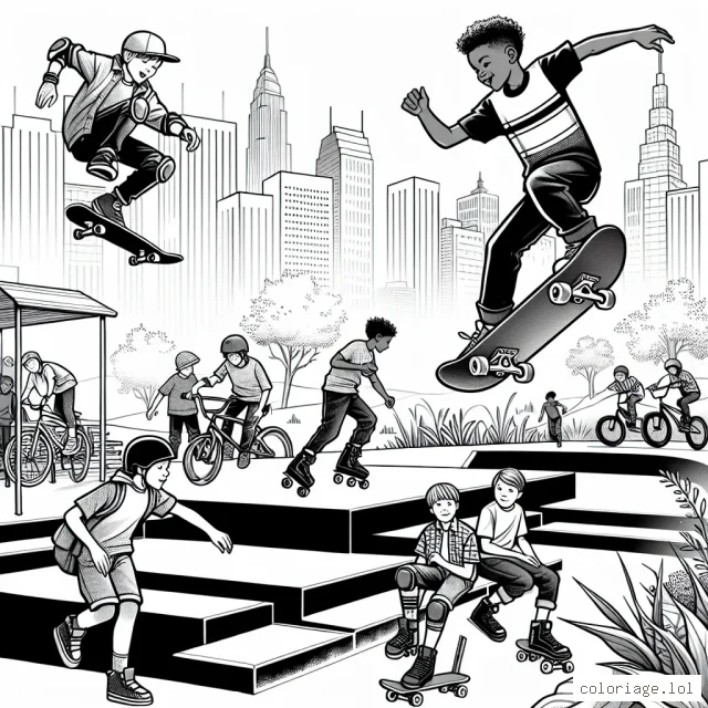 Imaginez un coloriage représentant un skatepark urbain avec divers enfants pratiquant des sports extrêmes. Sur ce terrain de jeux, un enfant fait un saut étonnant en skateboard, tandis qu'un autre fait un tourbillon en roller. Une fille grimpe sur un mur d'escalade à proximité, et un garçon courageux descend une rampe en BMX. Le paysage autour du skatepark est en plein cœur de la ville, avec des gratte-ciel en arrière-plan. Les enfants sont représentés en plein mouvement, et le coloriage doit être dynamique et inspirer l'action.