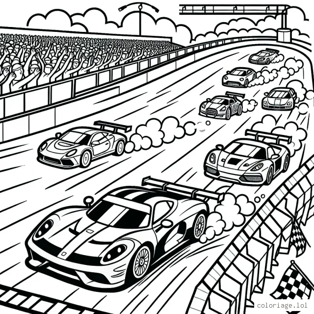 Dessine une course animée de voitures de sport avec une voiture rouge, une voiture bleue et une voiture verte zoomant sur la piste de course, entourées de gradins remplis de spectateurs. N'oublie pas d'inclure des nuages de poussière derrière les voitures et des panneaux de signalisation le long de la piste.