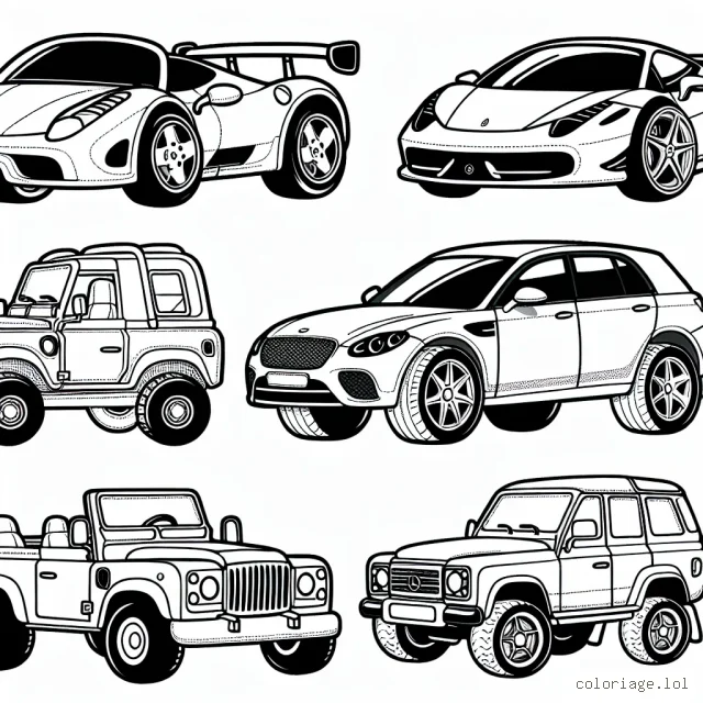 Ton défi aujourd'hui est de colorier différentes marques de voitures. Tu as un large éventail de voitures à colorier : la sportive Ferrari, la luxueuse Mercedes-Benz, l'aventurière Land Rover, l'élégante Bentley et la fiable Toyota. N'oublie pas de faire attention aux détails et aux logos de chaque voiture !