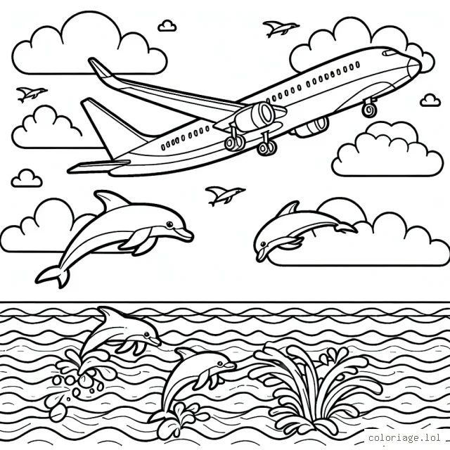 Dessine un grand avion de ligne survolant l'océan, avec des nuages dispersés dans le ciel et des dauphins sautant hors de l'eau.