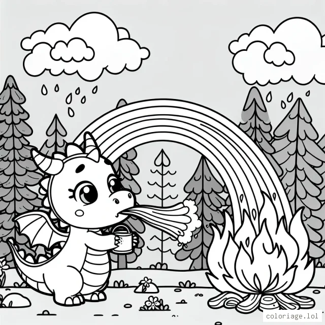 Dans cet aventure de coloriage, un jeune dragon essaye d'éteindre un feu de forêt en soufflant de la vapeur d'eau à travers un arc-en-ciel.