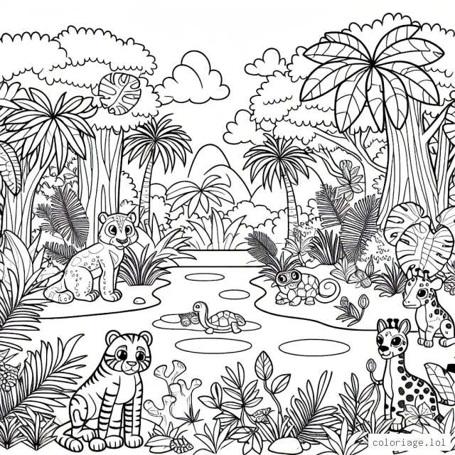 Un jardin tropical plein d'animaux exotiques et de plantes rares.