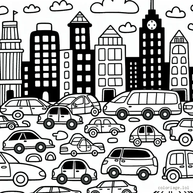 Colorie les différentes marques de voitures dans ce paysage urbain bondé !
