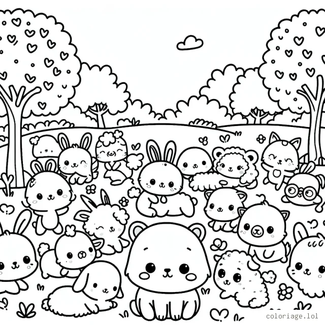 Illustration d'une scène au milieu d'un parc rempli d'animaux mignons jouant ensemble.