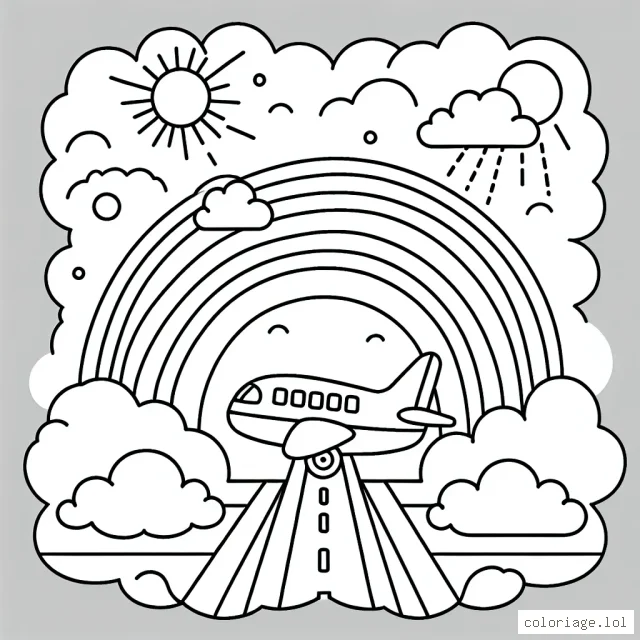 Imagine un avion traversant les cieux sur une journée ensoleillée. L'avion décolle du sol parmi les nuages atteignant l'arc-en-ciel dans un ciel bleu.