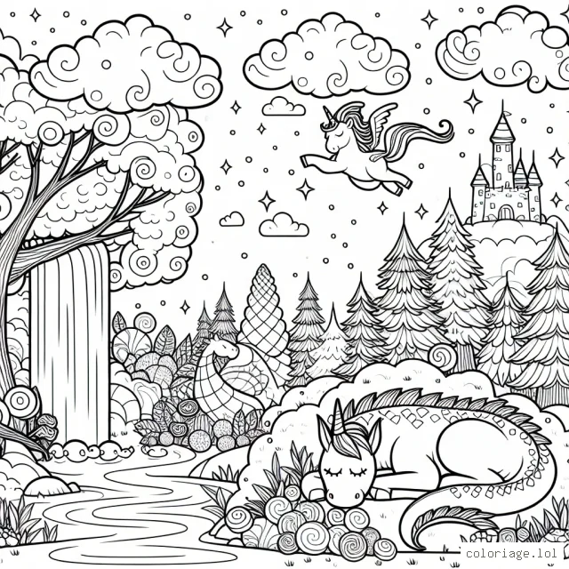 Imagine un paysage enchanté avec un dragon endormi sous un arbre, une licorne près d'une cascade, une forêt aux arbres de bonbons et un château flottant dans les nuages.