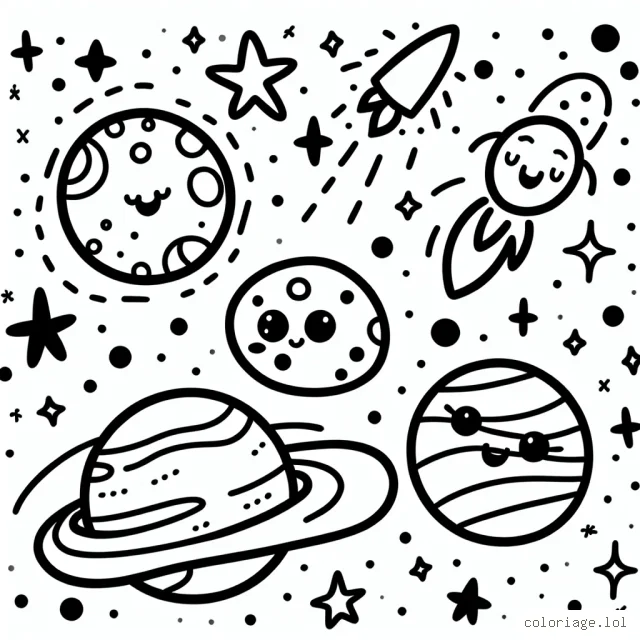 Dessine un cosmos merveilleux avec des planètes souriantes et une comète étincelante