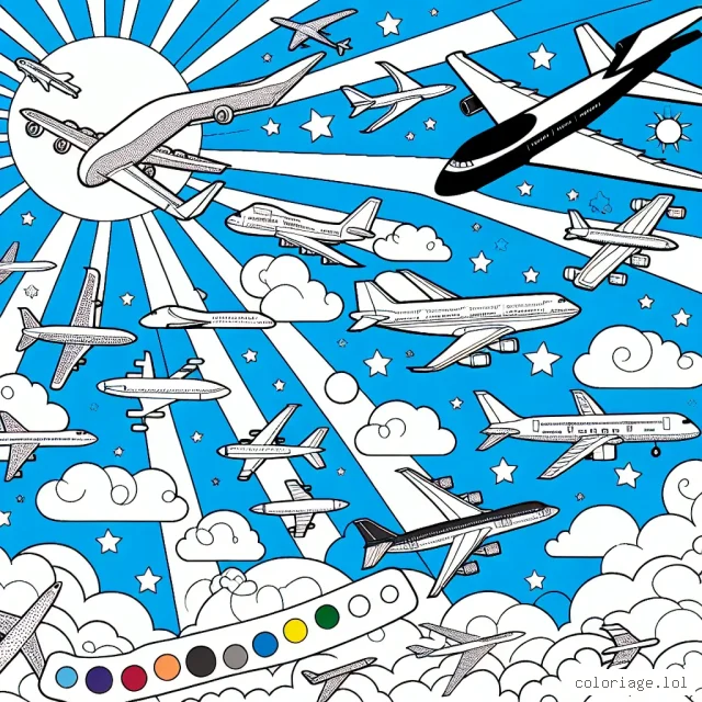 C'est un ciel éclatant, porteur d'espérance! Dans ce décor bleu, de magnifiques avions s'envolent. Il y a des avions de ligne pour les voyageurs, des avions de chasse pour les audacieux, des jets privés pour les plus fortunés, sans oublier les petits avions de loisirs tout colorés. Mais quelque chose manque pour compléter ce paysage vibrant... C'est à toi de jouer! Décore ces avions de mille couleurs, pour rendre ce ciel encore plus beau!