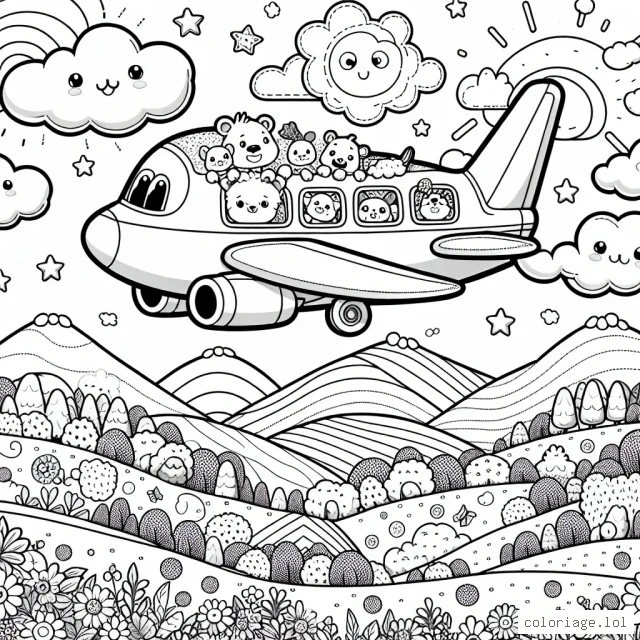 Un grand avion survole un paysage ensoleillé et diversifié, que ce soit des montagnes lointaines, des forêts vertes et des champs de fleurs. Sur l'avion, d'adorables animaux en forme de cartoon regardent par les fenêtres et saluent. Il y a aussi beaucoup d'étoiles et de nuages autour de l'avion.