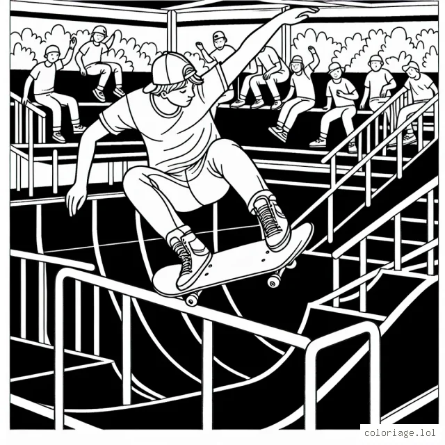 Montrez-nous à votre manière comment un athlète fait du skateboard dans un parc de skate plein de rampes et de barres de fer. Incluez aussi des spectateurs dans l'arrière-plan pour renforcer l'ambiance et l'énergie du dessin.