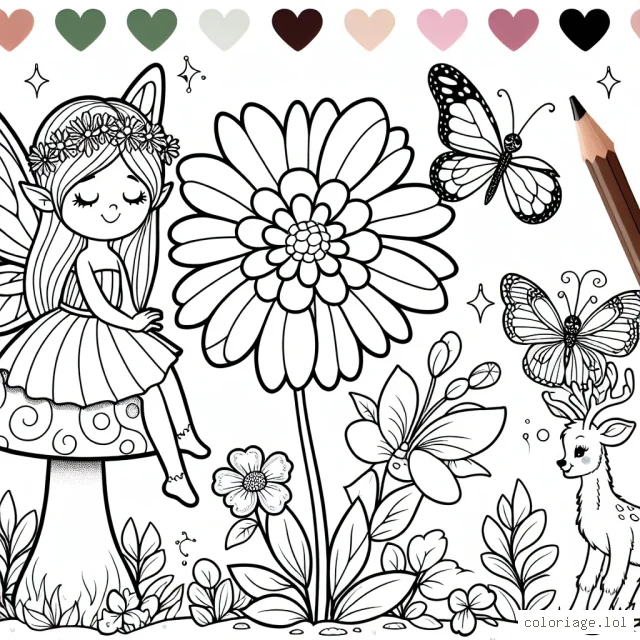 Merveilleux monde féerique qui comprend une petite fée sur sa fleur préférée, un champignon magique, un cerf enchanté, un papillon coloré et beaucoup de coeurs à colorier.