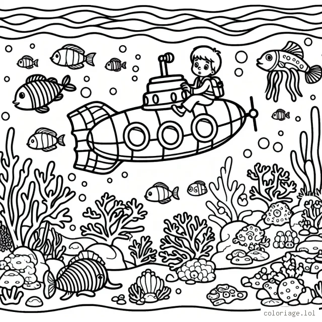 Dessine une scène d'aventure sous-marine avec un petit garçon courageux qui explore les profondeurs océaniques à bord de son sous-marin jaune. Il y a des poissons colorés, des coraux magnifiques, un trésor caché et une mystérieuse créature marine à ajouter à ce tableau.
