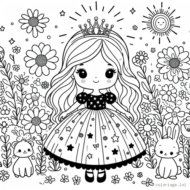 Dessine une petite princesse au milieu d'un jardin de fleurs aux mille couleurs, avec de petits animaux autour d'elle. Elle porte une belle robe avec des motifs étoiles et son diadème brille sous le soleil éclatant.