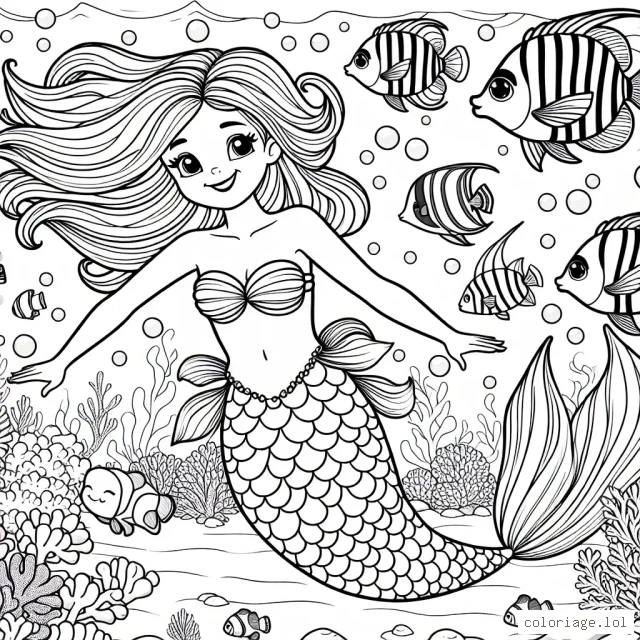 Une belle princesse sirène qui danse avec ses amis les poissons tropicaux colorés sous l'océan