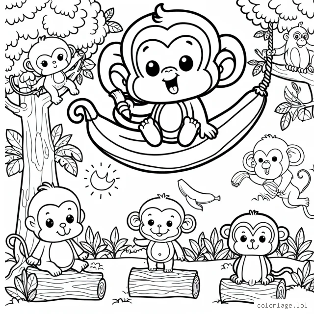 Imagine un adorable petit singe dans la jungle, brandissant une banane tout en se balançant d'arbre en arbre. De nombreux autres animaux de la jungle se joignent à lui et ils semblent tous joyeux et heureux. Peux-tu leur apporter de la couleur ?
