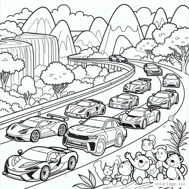Un cortège de voitures de course traverse une zone pleine de cascades et de montagnes. Chaque voiture a un look et une conception uniques, il y a des voitures de sport modernes, des voitures classiques, des voitures-concept futuristes et même des voitures de dessins animés. Il y a aussi différents animaux et personnages qui agitent les voitures au fur et à mesure qu'elles passent.