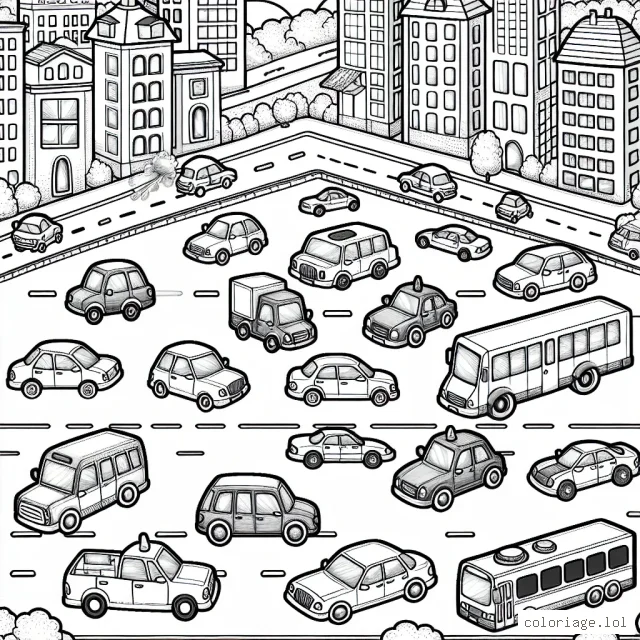 Sur le papier, tu as un dessin d'une jolie petite ville avec une grand route où se trouvent une multitude de voitures de différentes formes et tailles! Tu peux voir une petite voiture rouge, un camion bleu, une voiture de sport jaune, un bus d'école orange et même une limousine verte! C'est un jour ensoleillé et tous les conducteurs sont heureux et souriants. À toi de prendre tes crayons de couleur et de donner vie à ce joli paysage urbain avec toutes ces voitures!