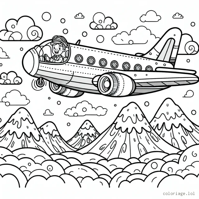Imaginez un avion survolant une vaste chaîne de montagnes enneigées. L'avion est doté d'ailes larges et de nombreux détails à colorer. Il y a aussi un pilote à l'intérieur de l'avion, souriant à travers la fenêtre du poste de pilotage. De petits nuages blancs flottants ajoutent de la beauté à la scène.
