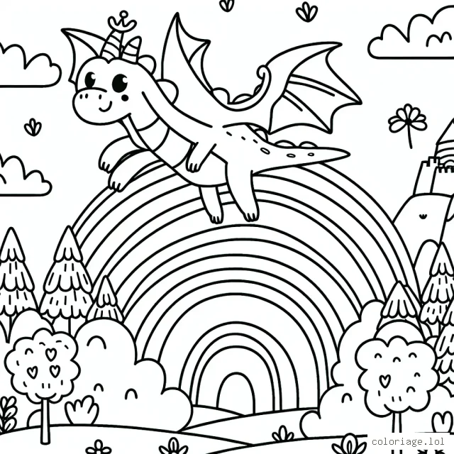 Un dragon gentil volant au dessus d'un arc-en-ciel et d'un paysage forestier enchanteur.