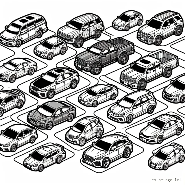 Des voitures venus des quatre coins du monde sont parkées sur un grand stationnement, chaque marque de voiture est clairement indiquée. À toi de donner des couleurs à ces voitures formidables.