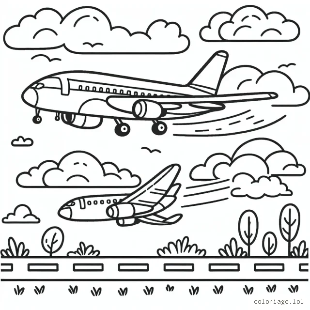 Dépeint un avion en plein vol, perché haut dans le ciel, traçant une traînée parmi les nuages, et une autre image de l'avion atterrissant doucement sur une piste d'aéroport avec des arbres et des bâtiments en arrière plan.