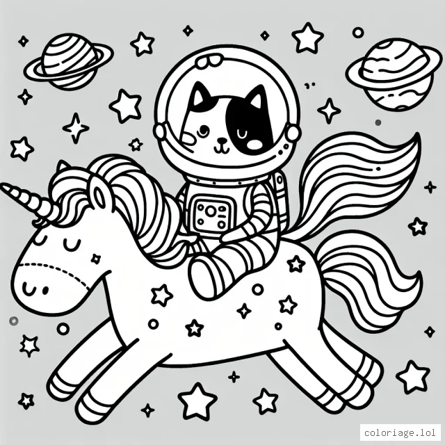 Un chat astronaute explorant la galaxie sur le dos d'une licorne cosmique