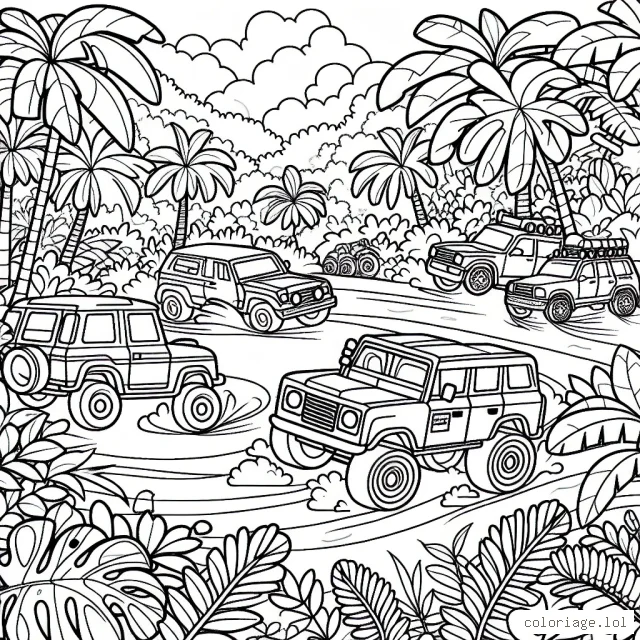 Un parcours de rallye dans la jungle avec différentes sortes de voitures