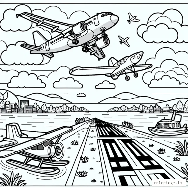 Au bord du tarmac, un avion de ligne vient d'atterrir, tandis qu'un petit hydravion s'envole au-dessus du lac voisin. Prépare-toi à voler haut dans le ciel avec cette scène aéronautique !