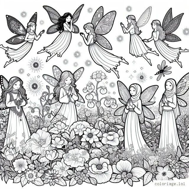 Un groupe de jolies fées enchantées survolant un jardin fleuri pleins de lucioles brillantes