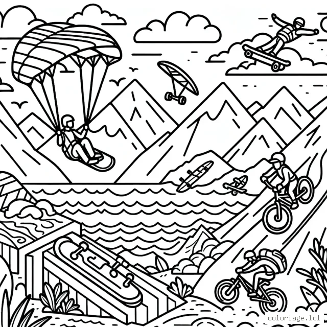 Imagine un parcours de sports extrêmes dans la nature où chaque participant peut faire du parapente, du skate sur une rampe verticale, du VTT dans les montagnes et du surf sur une mer agitée.
