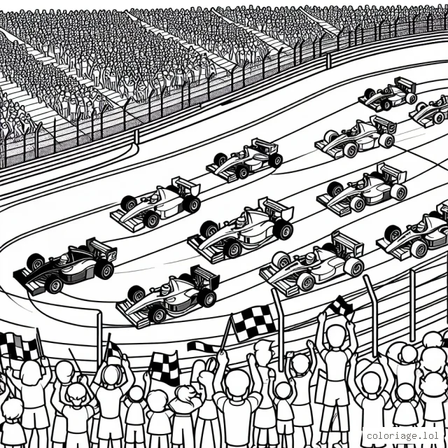 Un grand circuit de voitures de course avec des voitures tuning colorées, des pilotes, et des spectateurs