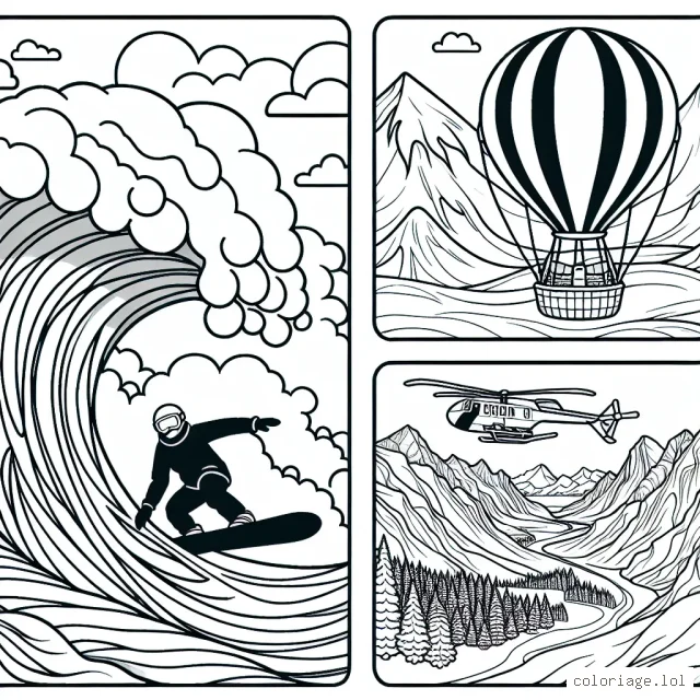 Dessine un surfeur qui ride une vague immense, une montgolfière qui survole des montagnes escarpées et un snowboardeur qui dévale une piste enneigée.