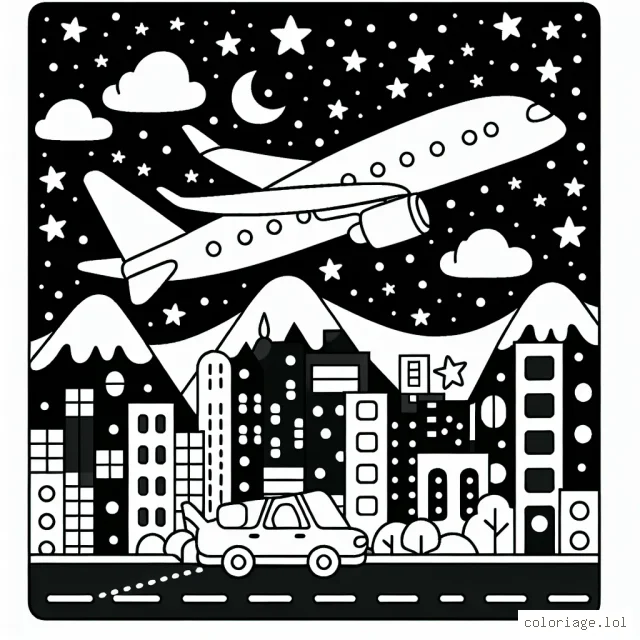 Dessine un avion dans le ciel étoilé, survolant une ville animée pendant la nuit.