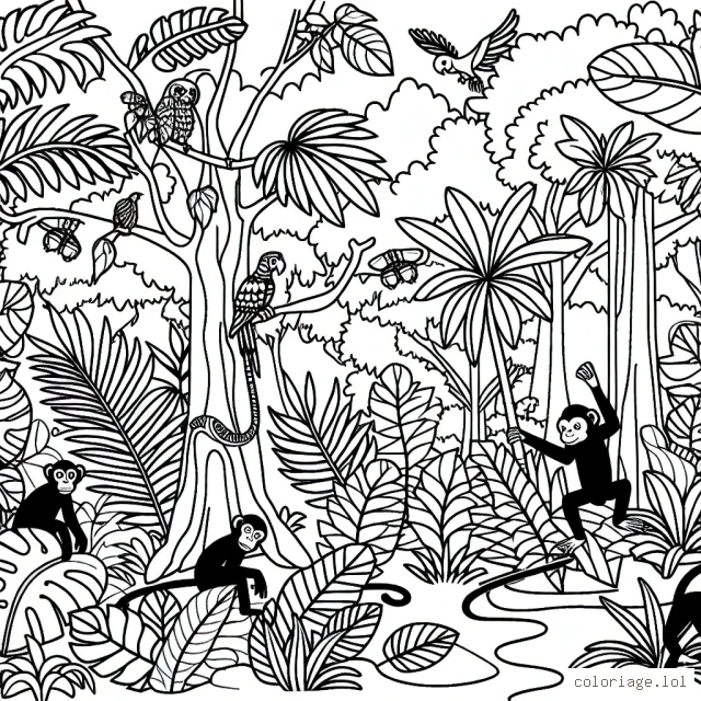 Une jungle mystérieuse avec des animaux exotiques se cachant entre les feuillages