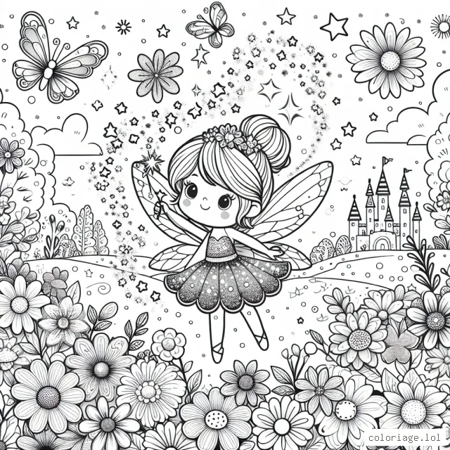 Une gentille petite fée est en train de voler autour d'un magnifique royaume des fleurs. Elle disperse des étoiles magiques qui font éclore les fleurs. La fée porte une robe étincelante et des ailes délicates. Le royaume des fleurs est rempli de différentes variétés de fleurs colorées, d'arbres, de papillons et d'habitants du royaume des fées. Il y a aussi un beau château au loin. Amuse-toi à colorer ce monde féerique !