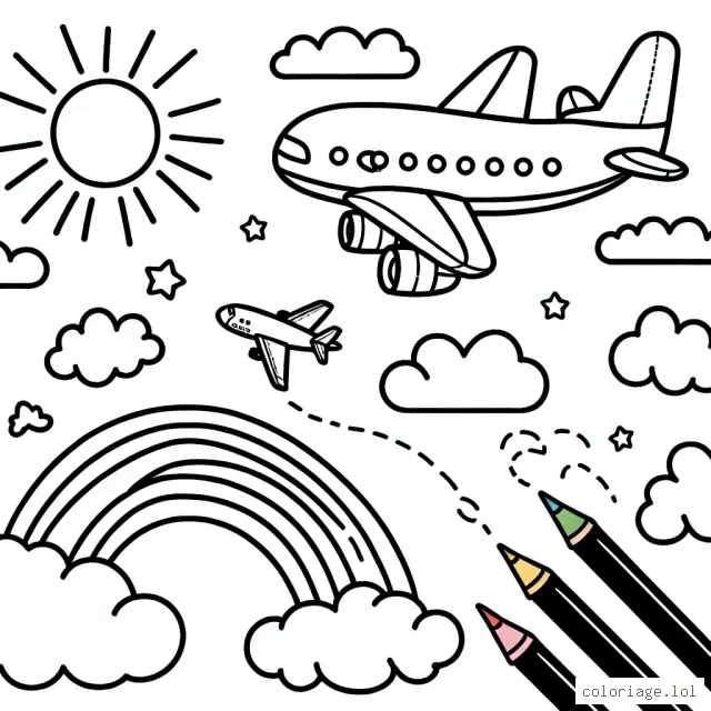 Dans ce dessin, tu trouveras différents types d'avions. Ils volent haut dans le ciel, au milieu des nuages. Quels couleurs vas-tu donner à ces avions et au ciel autour ?
