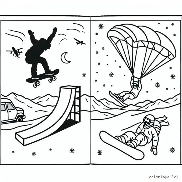 Une scène dynamique dépeignant un skateboarder s’élanceant sur une rampe, un parachutiste en plein saut et un snowboarder sur une pente enneigée.