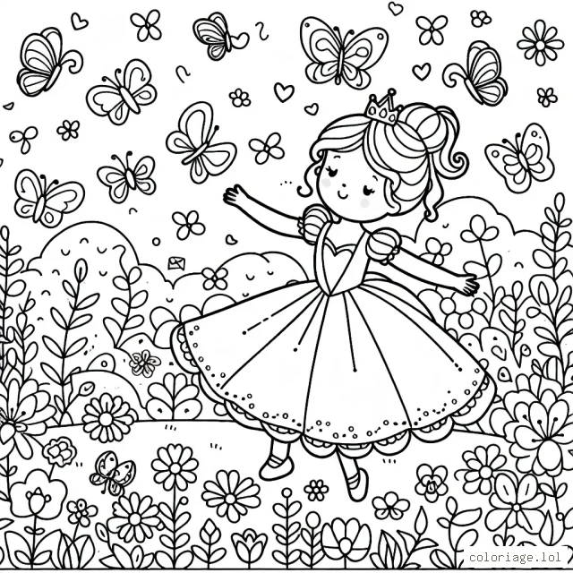 Une petite princesse qui danse avec des papillons dans un pays lointain rempli de fleurs multicolores