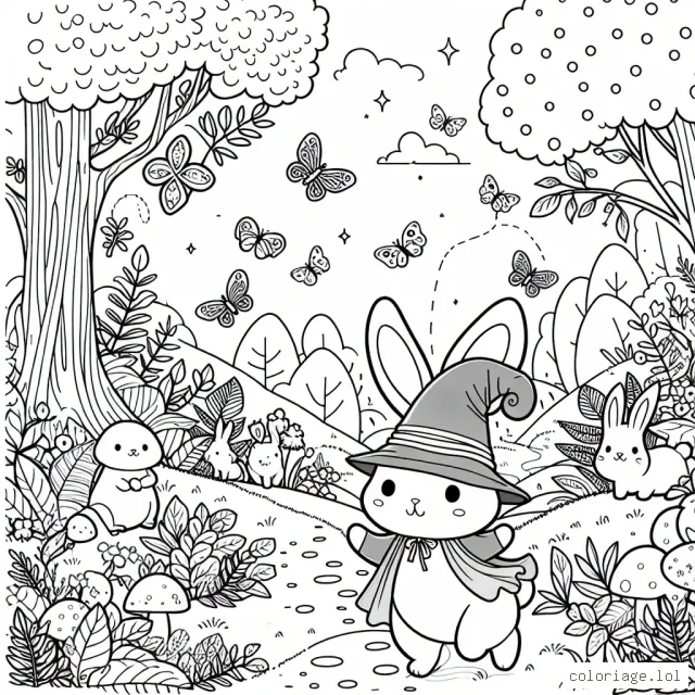 Un adorable lapin part à l'aventure dans une forêt magique remplie d'animaux et de plantes