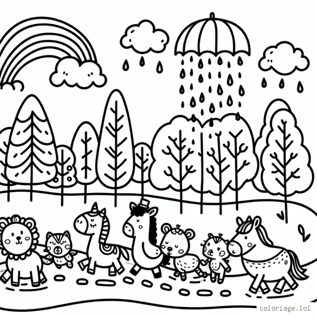 Un jour de pluie avec une ribambelle d'animaux dans la forêt