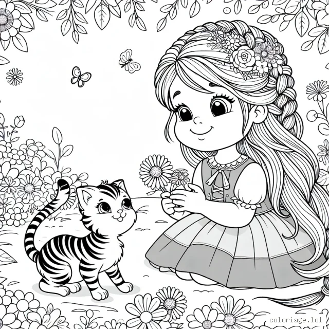 Une petite princesse aux longs cheveux coiffés en tresses, jouant avec son chaton rayé dans un jardin rempli de fleurs