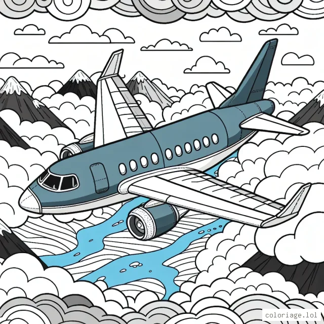 Tu es le pilote d'un grand avion bleu qui voyage à travers les nuages. Quels paysages étonnants peux-tu voir de ton cockpit ? Colorie-les selon ton imagination.